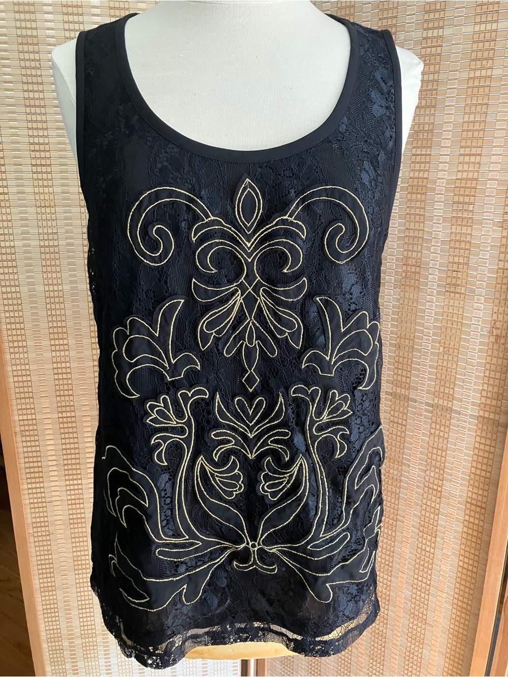 Ann Taylor Black Lace Sleeveless Top with Gold Embroidered Design